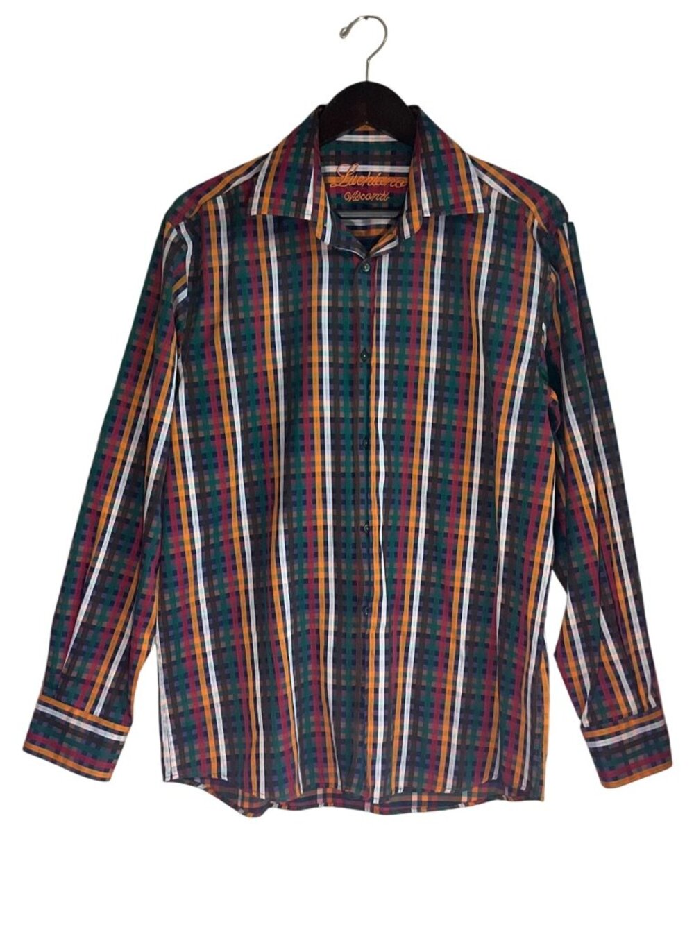 Luchiano Visconti Mens L Chest 46 In Plaid Check Long Sl Button Shirt Cotton Bl